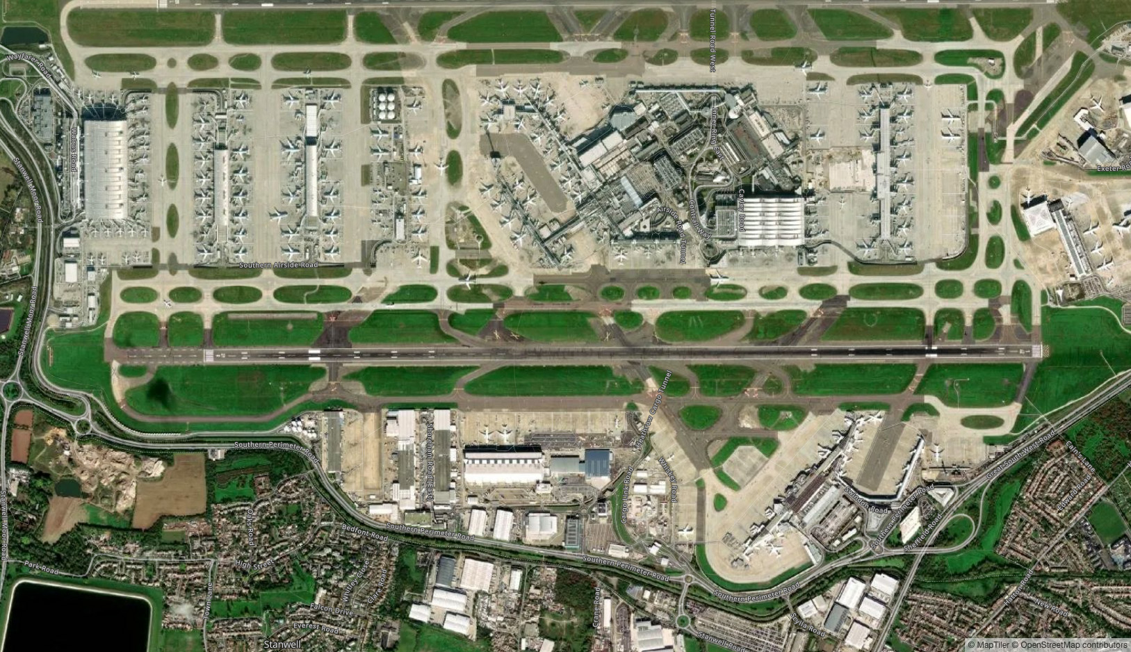 Heathrow flygplats Flygplats Satellitvy - LHR Flygfoto & Terminalöversikt