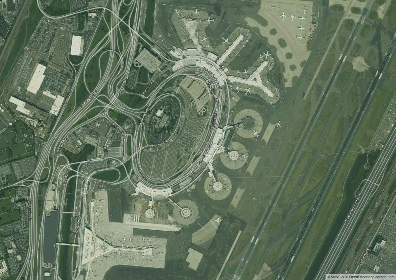 Vista Satelital del Aeropuerto Aeropuerto Internacional Liberty de Newark - Mapa Aéreo EWR y Vista General del Terminal