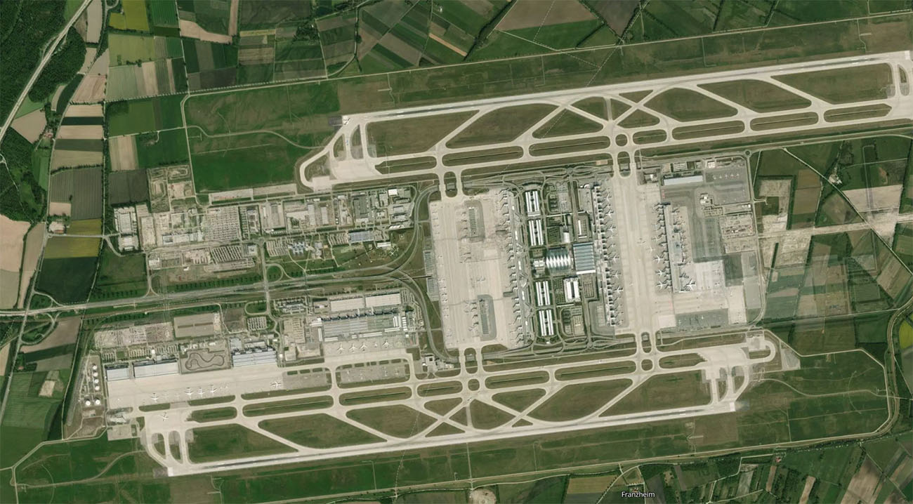 慕尼黑机场机场卫星视图 - MUC航空地图和候机楼概览