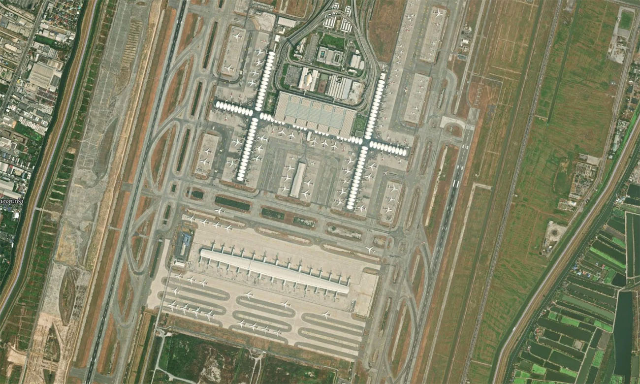 Vista Satellitare dell'Aeroporto Aeroporto di Suvarnabhumi - Vista Aerea BKK e Panoramica del Terminal