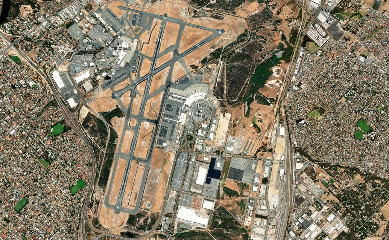 珀斯国际机场机场卫星视图 - PER航空地图和候机楼概览