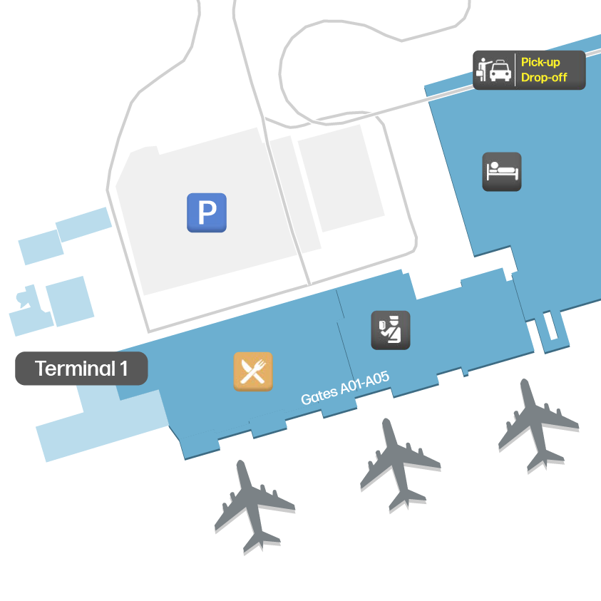 ADD候机楼1地图 - 平面图和登机口布局