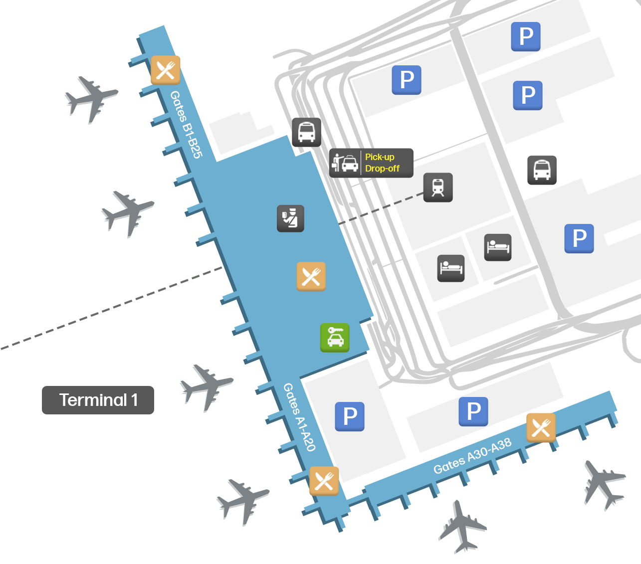 แผนผังอาคารผู้โดยสาร BER 1 - แผนผังชั้นและการจัดวางประตูทางออก
