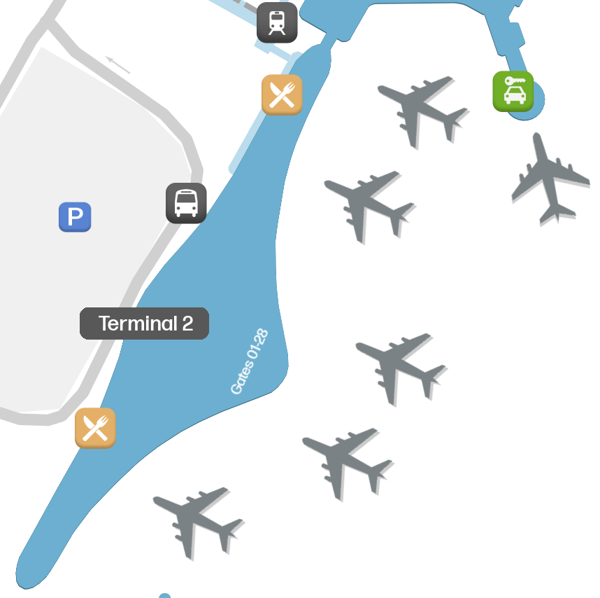 PTY候机楼2地图 - 平面图和登机口布局